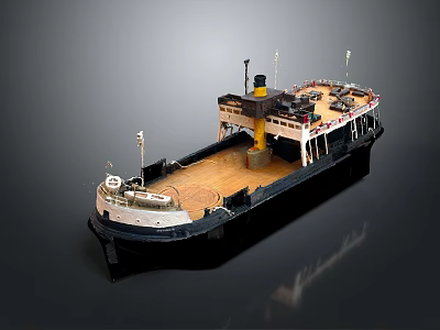 Detailed Model Ship Featuring Black White Hull Wooden Deck Yellow Chimney And White Flagpoles 3d model