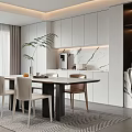 Modern Open Restaurant Kitchen With White Cabinets Marble Countertops Dining Table And Chairs