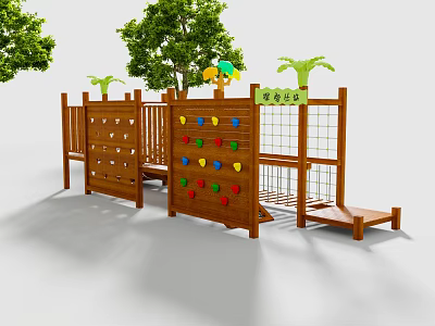 Wooden Climbing Playground Structure For Children With Colorful Holds And Trees 3d model