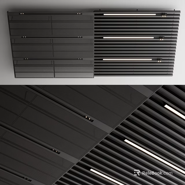 Modern Black Slatted Ceiling Design With Recessed Lighting And Linear Panels 3d model