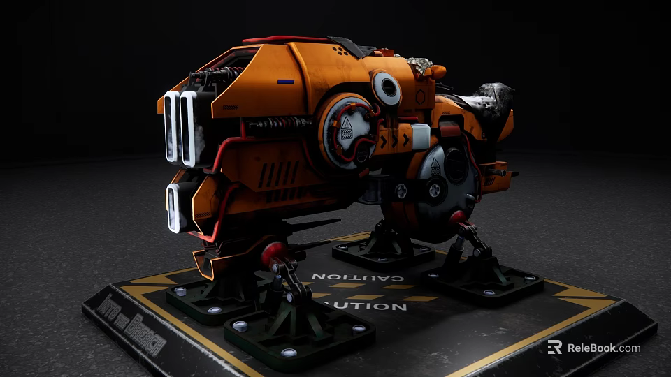Orange Intelligent Machine With Mechanical Parts Black Base And Caution Sign 3d model 