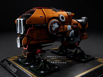 Orange Intelligent Machine With Mechanical Parts Black Base And Caution Sign 3d model