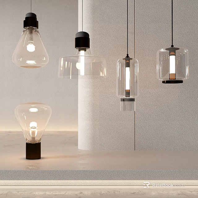 Modern Pendant Lighting With Transparent Glass Shades And Black Bases For Interior Design 3d model 