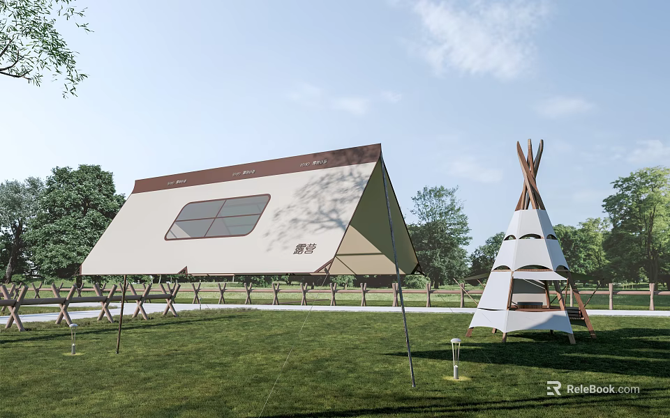 Modern Canvas Tent With Window And Traditional Tipi Tent On Outdoor Grassland With Trees 3d model 