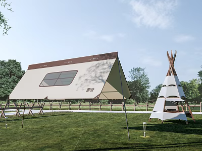 Modern Canvas Tent With Window And Traditional Tipi Tent On Outdoor Grassland With Trees 3d model