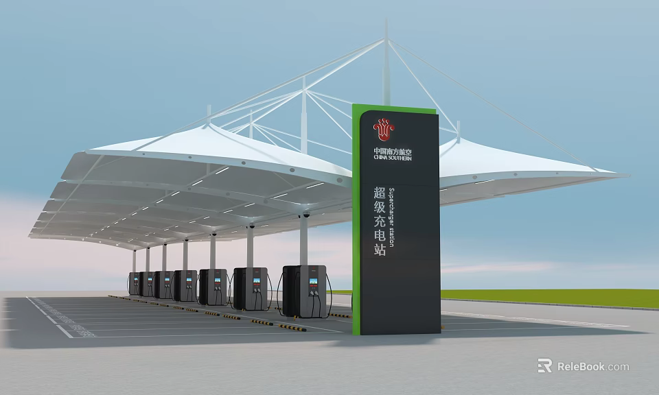 New Energy Charging Station With Multiple Charging Piles And White Canopy Roof 3d model 