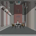 Modern Taco Burger Eatery Interior With Long Dining Table Chairs And Wall Sign