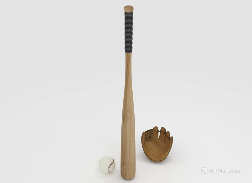 Baseball Sports Equipment Set with Wooden Bat White Ball and Leather Glove 3d model 