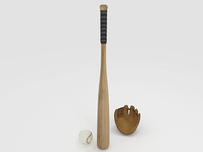 Baseball Sports Equipment Set with Wooden Bat White Ball and Leather Glove 3d model