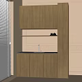Light Wood Sideboard With Upper Lower Cabinets Open Shelf Dark Countertop Beige Wall Decorative Molding