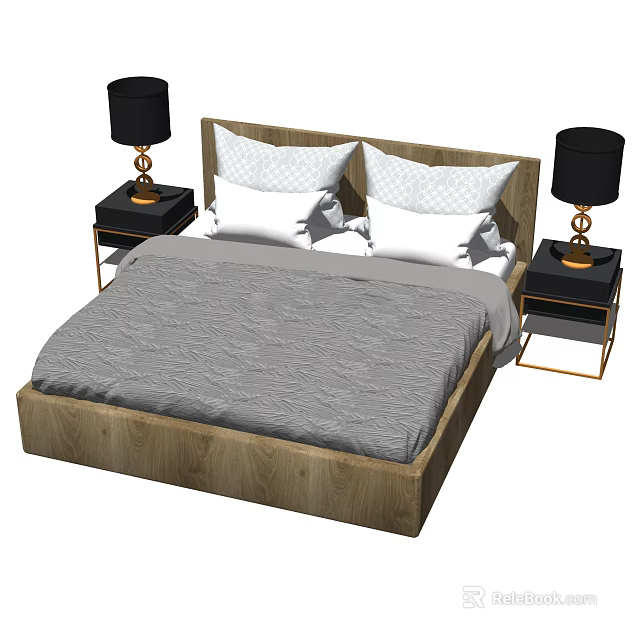 Modern Double Bed With Wooden Frame Gray Bedspread White Pillows Black Nightstands And Gold Lamps 3d model 