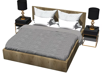 Modern Double Bed With Wooden Frame Gray Bedspread White Pillows Black Nightstands And Gold Lamps 3d model