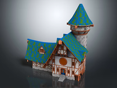 Cartoon Fairy Tale House Scene with Tower Blue Green Roof Wooden Structure and Stone Walls 3d model