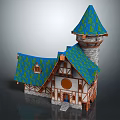 Cartoon Fairy Tale House Scene with Tower Blue Green Roof Wooden Structure and Stone Walls