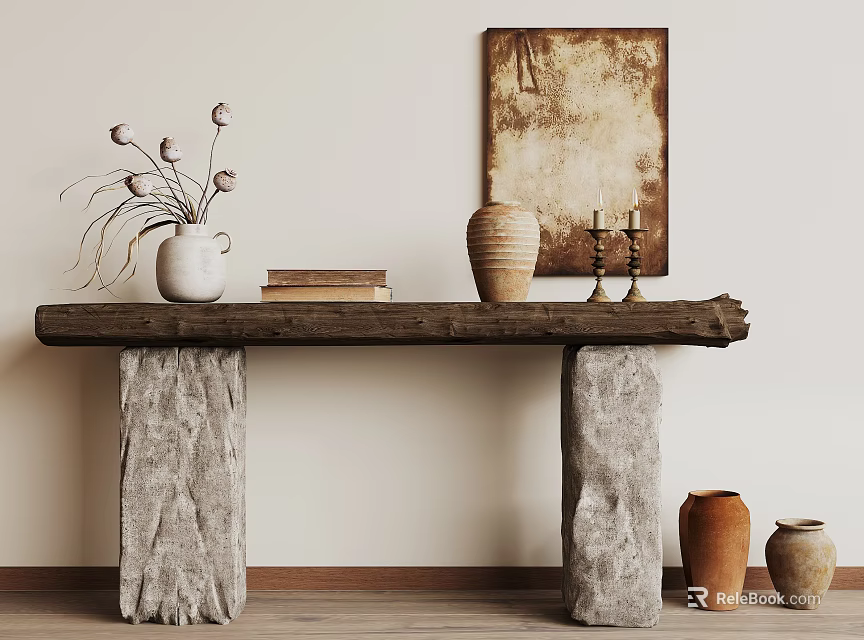 Wooden Console Table with Stone Pillars White Vase Dried Flowers Vintage Painting and Terracotta Pots 3d model 