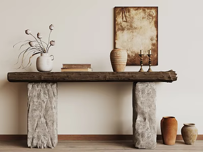 Wooden Console Table with Stone Pillars White Vase Dried Flowers Vintage Painting and Terracotta Pots 3d model