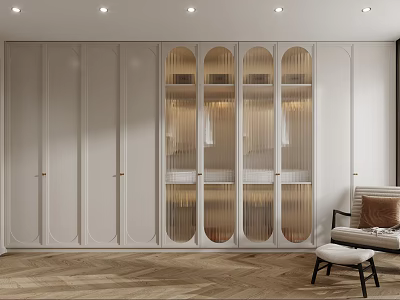 Modern Walk in Closet Interior With White Cabinets Glass Doors and Wooden Flooring 3d model