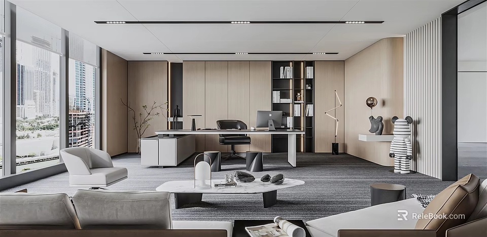 Modern Office Interior With Open Layout Desk Sofa Bookshelf And Stylish Lighting 3d model 