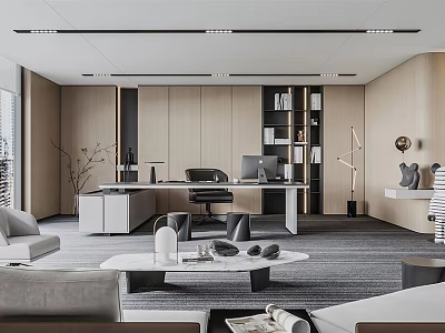 Modern Office Interior With Open Layout Desk Sofa Bookshelf And Stylish Lighting 3d model
