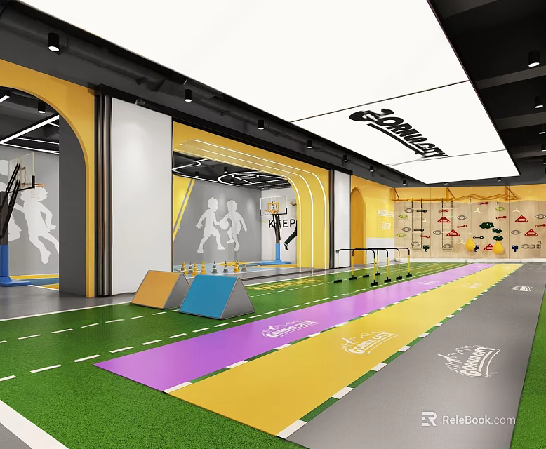 Indoor Playground With Colorful Floor Track Climbing Wall And Sport Silhouettes 3d model 