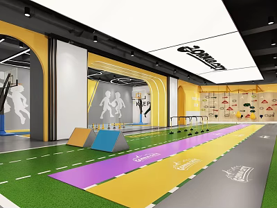 Indoor Playground With Colorful Floor Track Climbing Wall And Sport Silhouettes 3d model