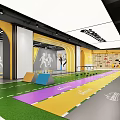 Indoor Playground With Colorful Floor Track Climbing Wall And Sport Silhouettes