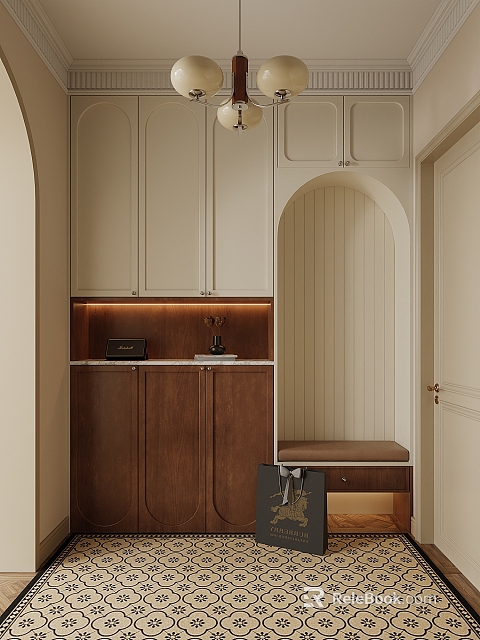 Modern Elegant Shoe Cabinet In Beige Brown With Lighting Arched Niche And Upholstered Bench 3d model 