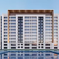 Modern High Rise Building Exterior With Front Swimming Pool And Glass Window Facade