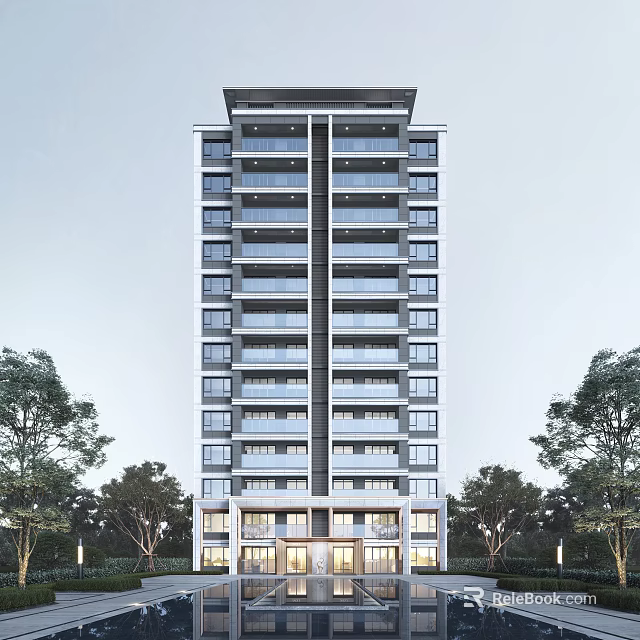 Modern High Rise Residential Building Exterior Design With Glass Windows And Balconies Surrounded By Trees 3d model 
