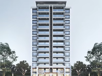 Modern High Rise Residential Building Exterior Design With Glass Windows And Balconies Surrounded By Trees 3d model