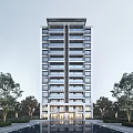 Modern High Rise Residential Building Exterior Design With Glass Windows And Balconies Surrounded By Trees