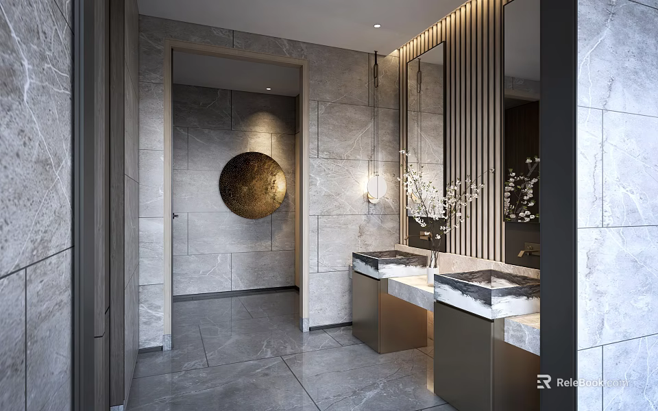 Modern Public Restroom Interior With Marble And Gold Accent Details 3d model 