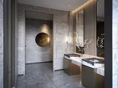 Modern Public Restroom Interior With Marble And Gold Accent Details 3d model