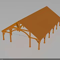 Orange Wooden Pavilion Structure With Sloped Roof Supporting Columns And Framework
