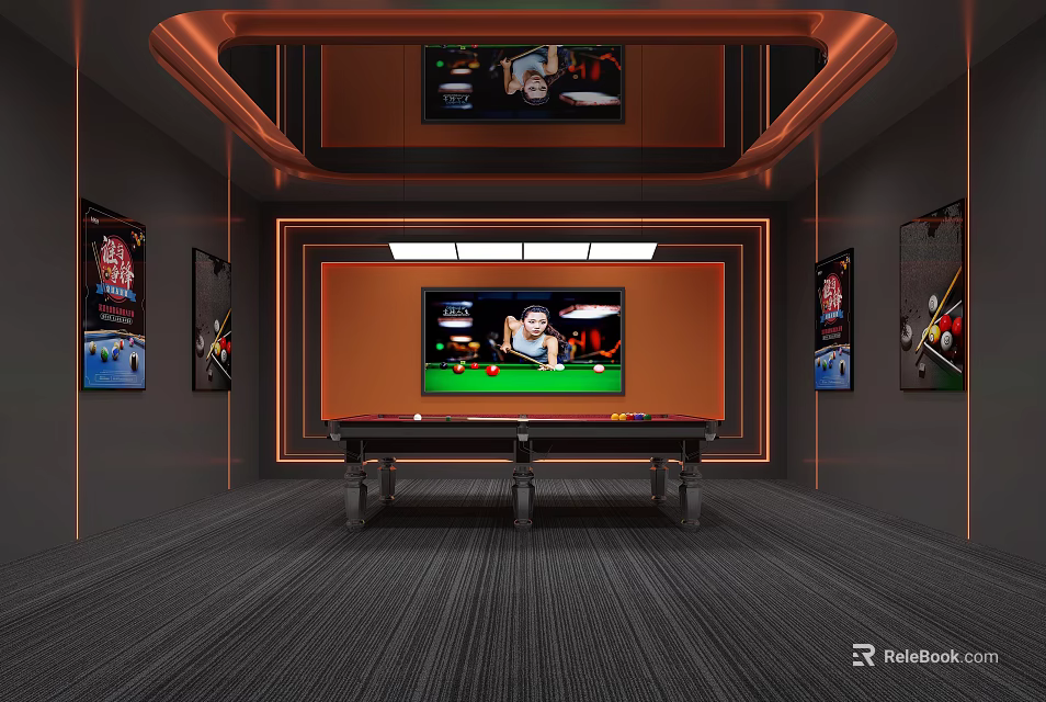 Modern Billiard Room With Pool Table TV Posters Orange Lighting And Dark Carpet 3d model 