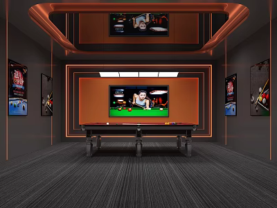 Modern Billiard Room With Pool Table TV Posters Orange Lighting And Dark Carpet 3d model