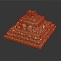 Golden Multi Tiered Architectural Structure With Pyramidal Design Intricate Carvings And Decorative Top