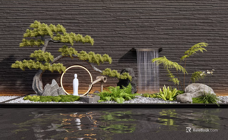 Garden Ornamental Scene With Pine Tree Circular Ornament White Statue Waterfall Pebbles And Water Reflection 3d model 