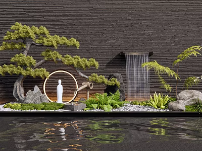 Garden Ornamental Scene With Pine Tree Circular Ornament White Statue Waterfall Pebbles And Water Reflection 3d model