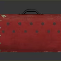 Red Pet Carrier With Wooden Frame Black Handle Circular Holes And Metal Grid Door