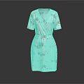 Light Blue Floral Pattern V Neck Short Sleeves Dress With Waist Tie Design