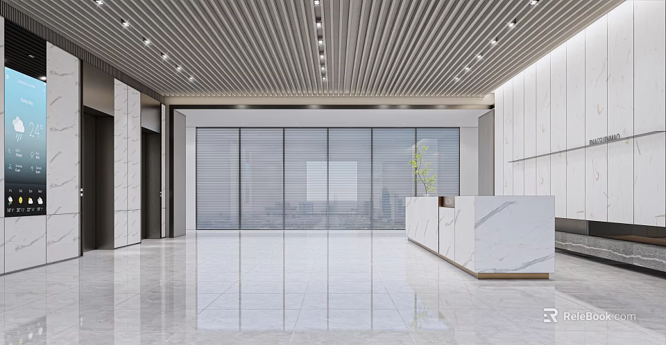 Modern Reception Interior Design With Marble Front Desk Large Windows And Lighting 3d model