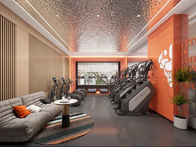 Contemporary Fitness Gym Interior With Elliptical Machines Sofa Coffee Table And Motivational Wall Art 3d model