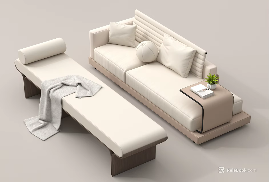 Modern Sofa And Bench Setup With Plush Pillows Soft Blanket And Small Plant 3d model