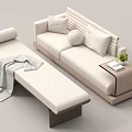 Modern Sofa And Bench Setup With Plush Pillows Soft Blanket And Small Plant 3d model