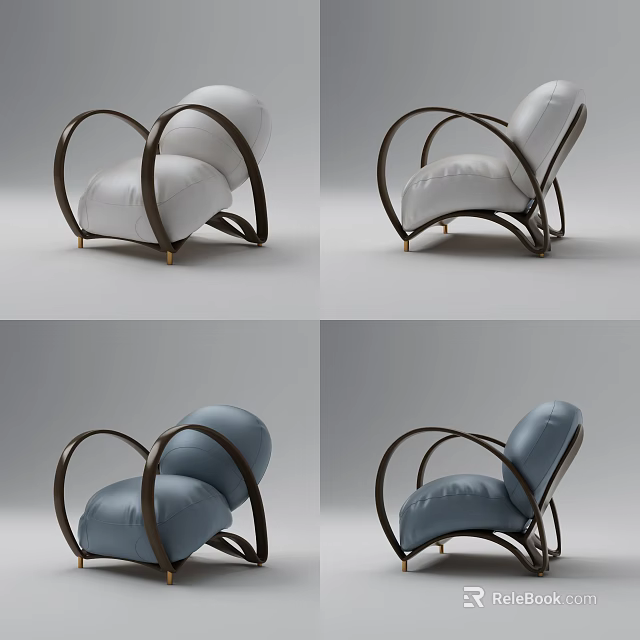 Elegant White And Blue Single Sofa With Curved Wooden Armrests And Golden Legs 3d model 