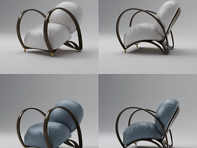 Elegant White And Blue Single Sofa With Curved Wooden Armrests And Golden Legs 3d model