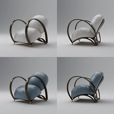 Elegant White And Blue Single Sofa With Curved Wooden Armrests And Golden Legs 3d model