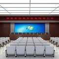 Spacious Conference Room With Large Screen Windows Logo And Rows Of Seats