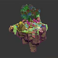 Cartoon Scene of Floating Rock Platform With Green Trees Small House Animals and Path